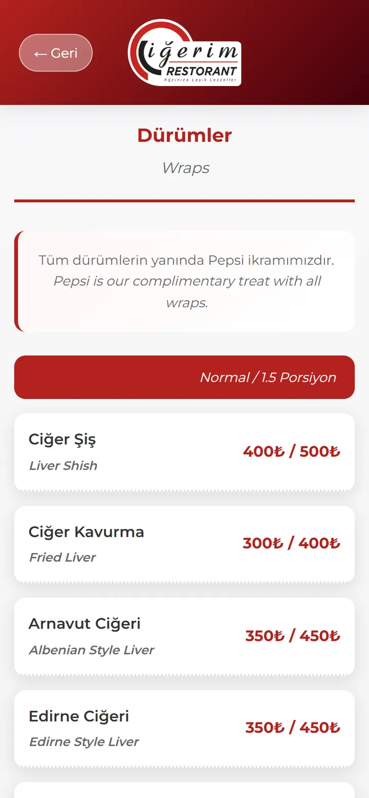 Wraps: bilingual item names and two portion prices