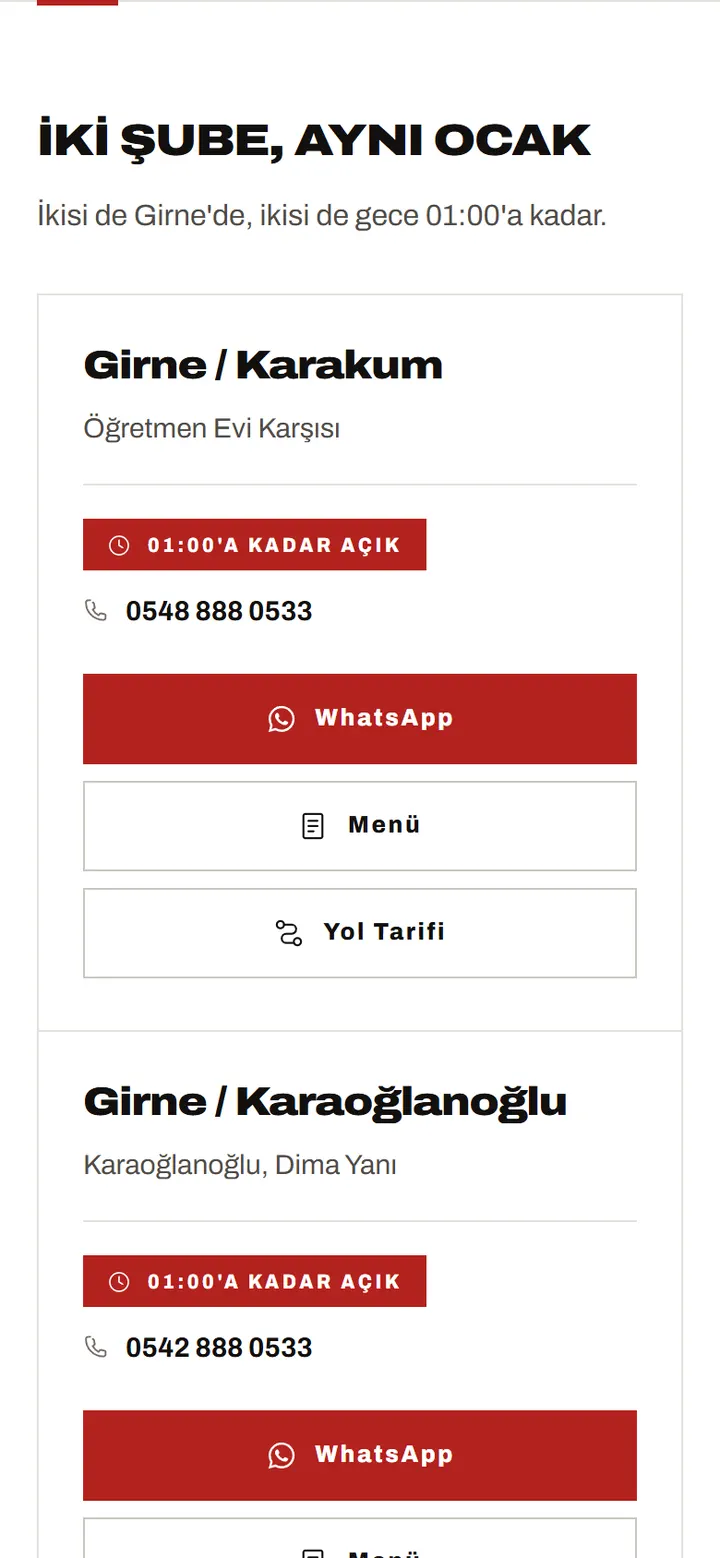 Mobile branch cards: one tap to call, open the menu or get directions
