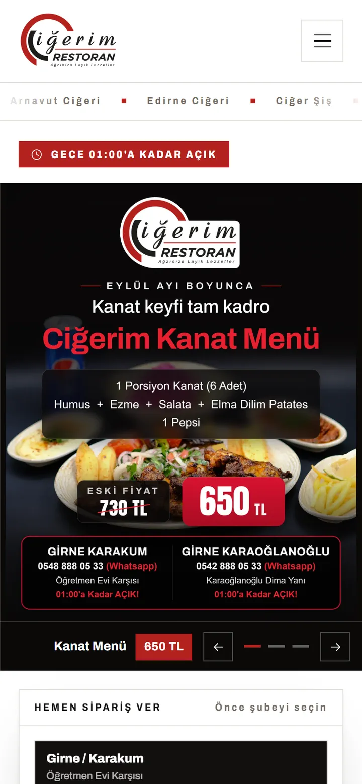 Mobile homepage: opening hours and campaign poster before the headline