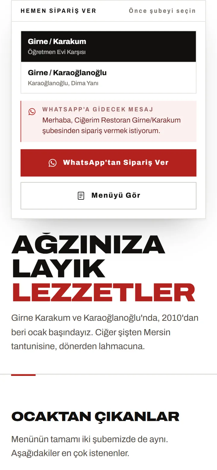 Order panel: branch choice and a preview of the WhatsApp message