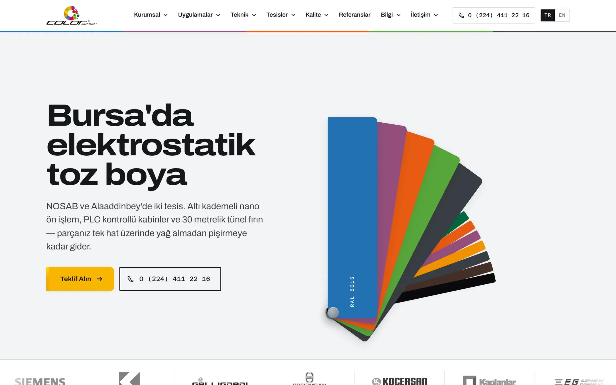 Homepage: opening on a RAL fan deck with quote and phone calls to action