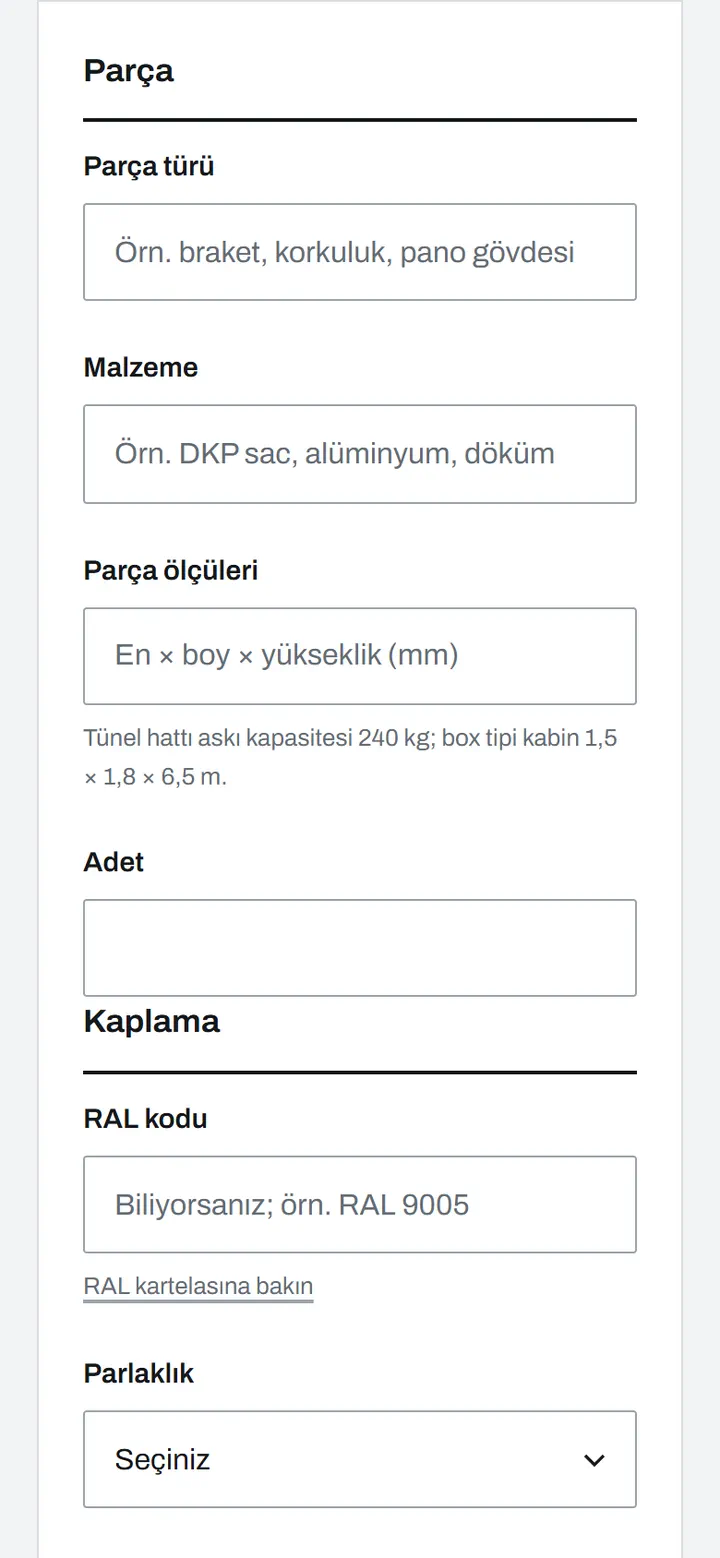 Quote form: 13 fields including RAL code, gloss and line