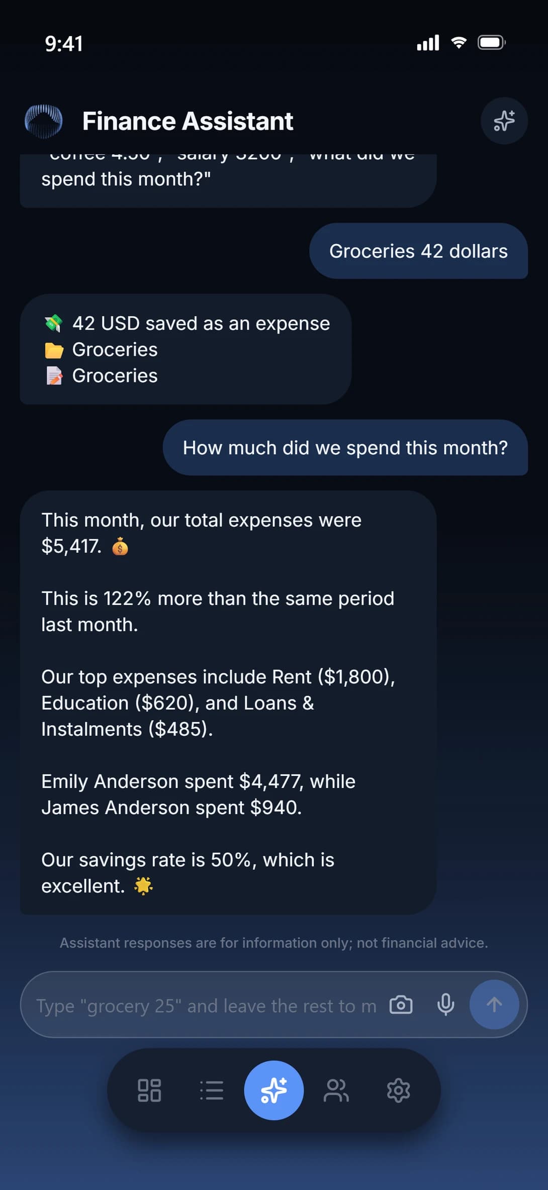 Hano finance assistant: logging an expense in plain text and answering "what did we spend this month?"