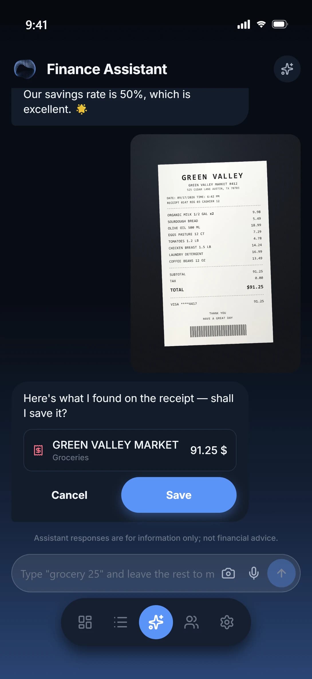 Hano receipt scan: the merchant and total read off a receipt, held for confirmation