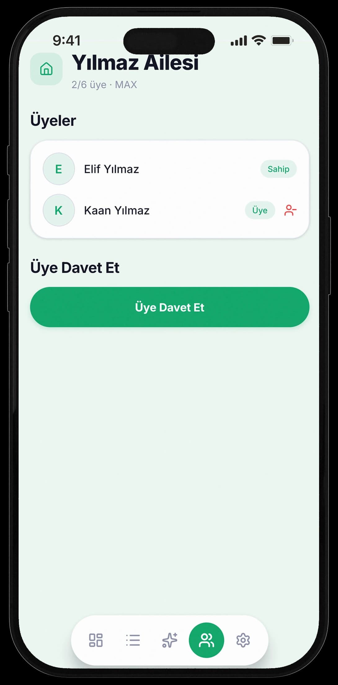 Hano hane ekranı: ortak bütçe havuzu ve aile üyeleri