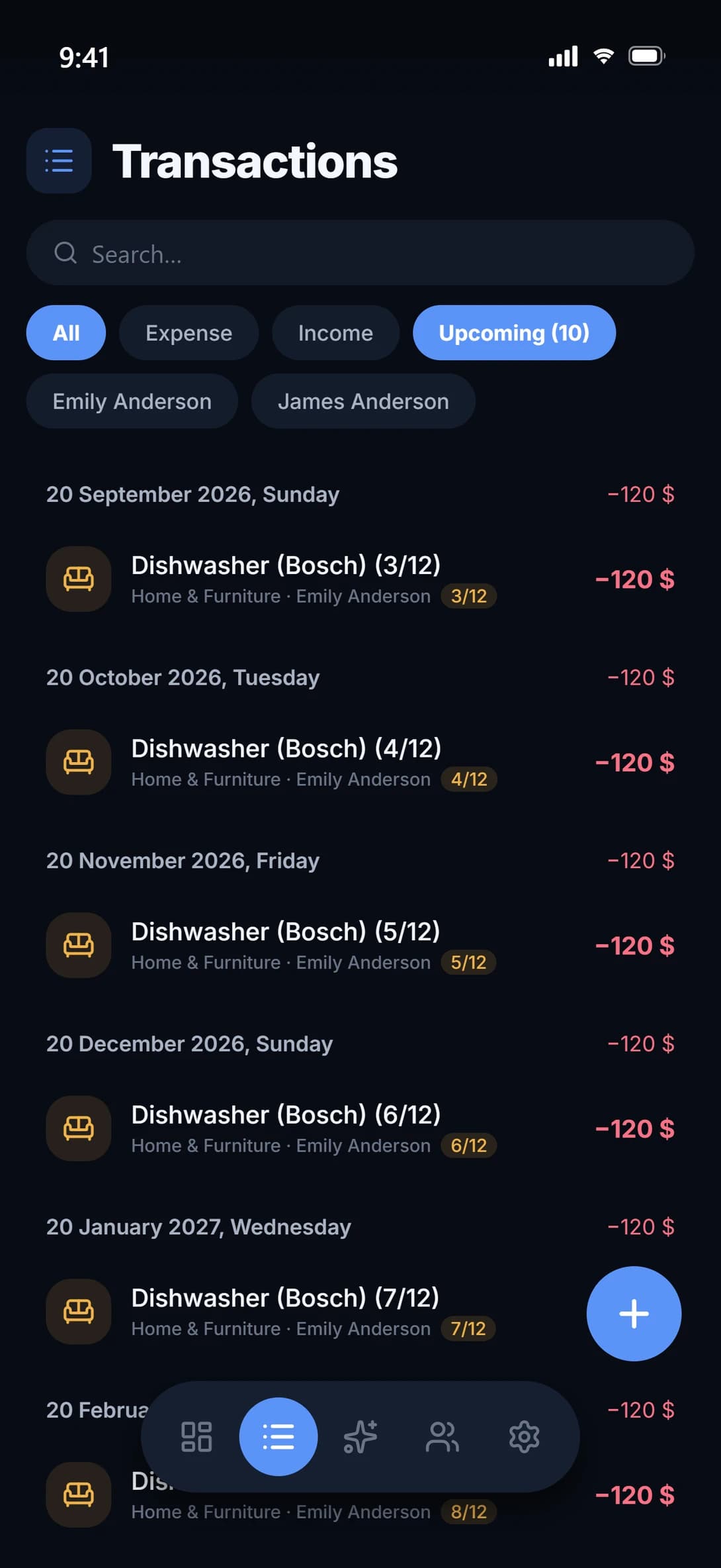 Hano transactions list: instalment counters, upcoming payments and member filters