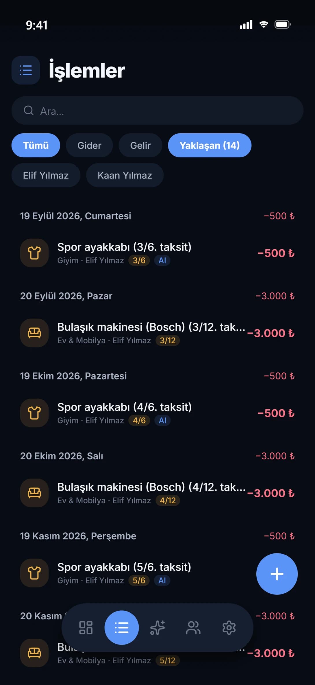 Hano işlemler listesi: taksit sayaçları, yaklaşan ödemeler ve üye filtreleri