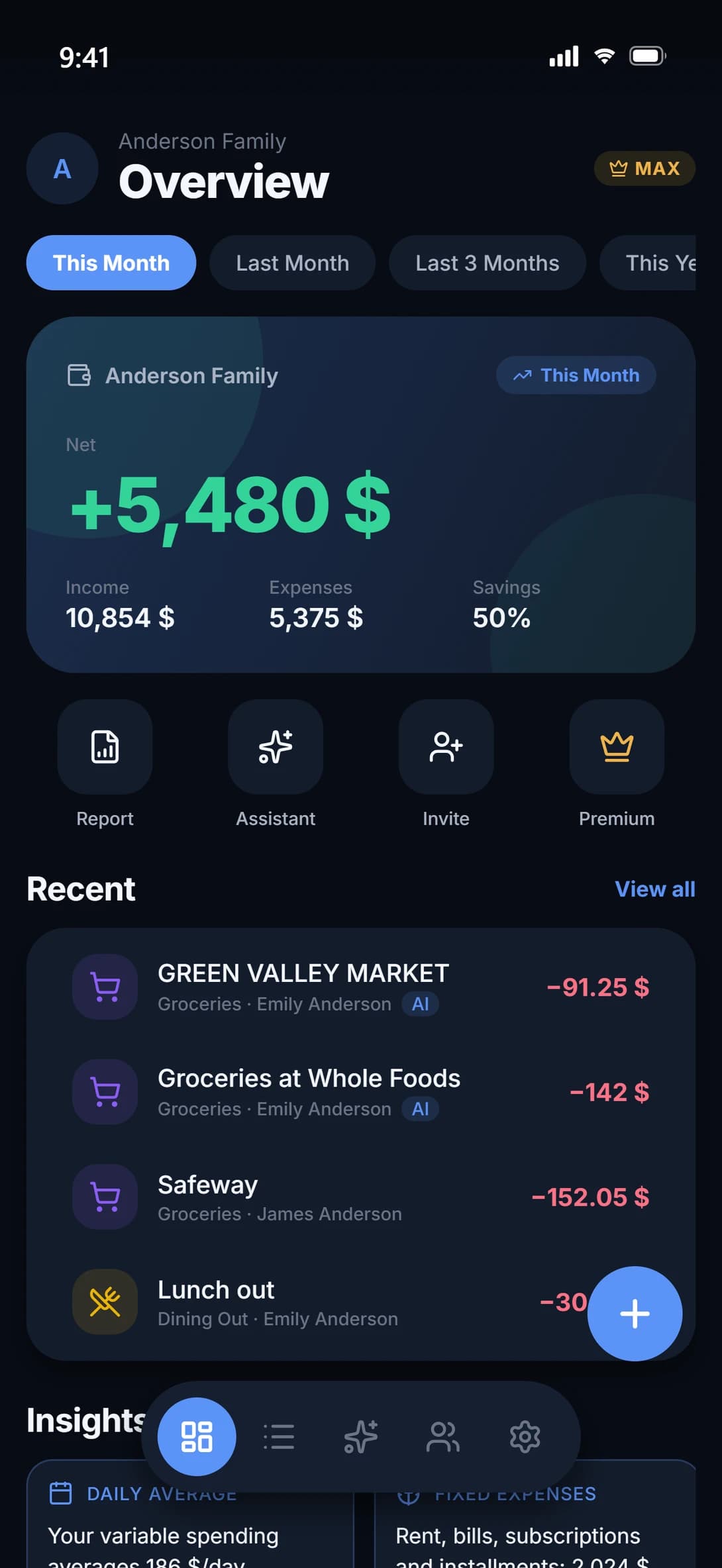 Hano overview screen: the household's net position, savings rate and latest transactions