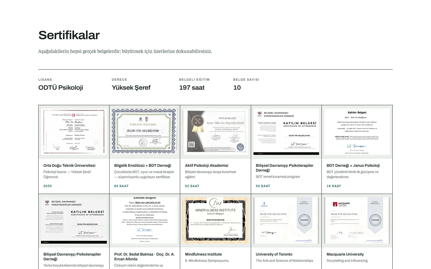 Certificates: a wall of 10 documents behind 197 hours of training