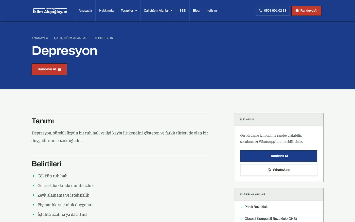 Condition page: readable content with a booking card alongside