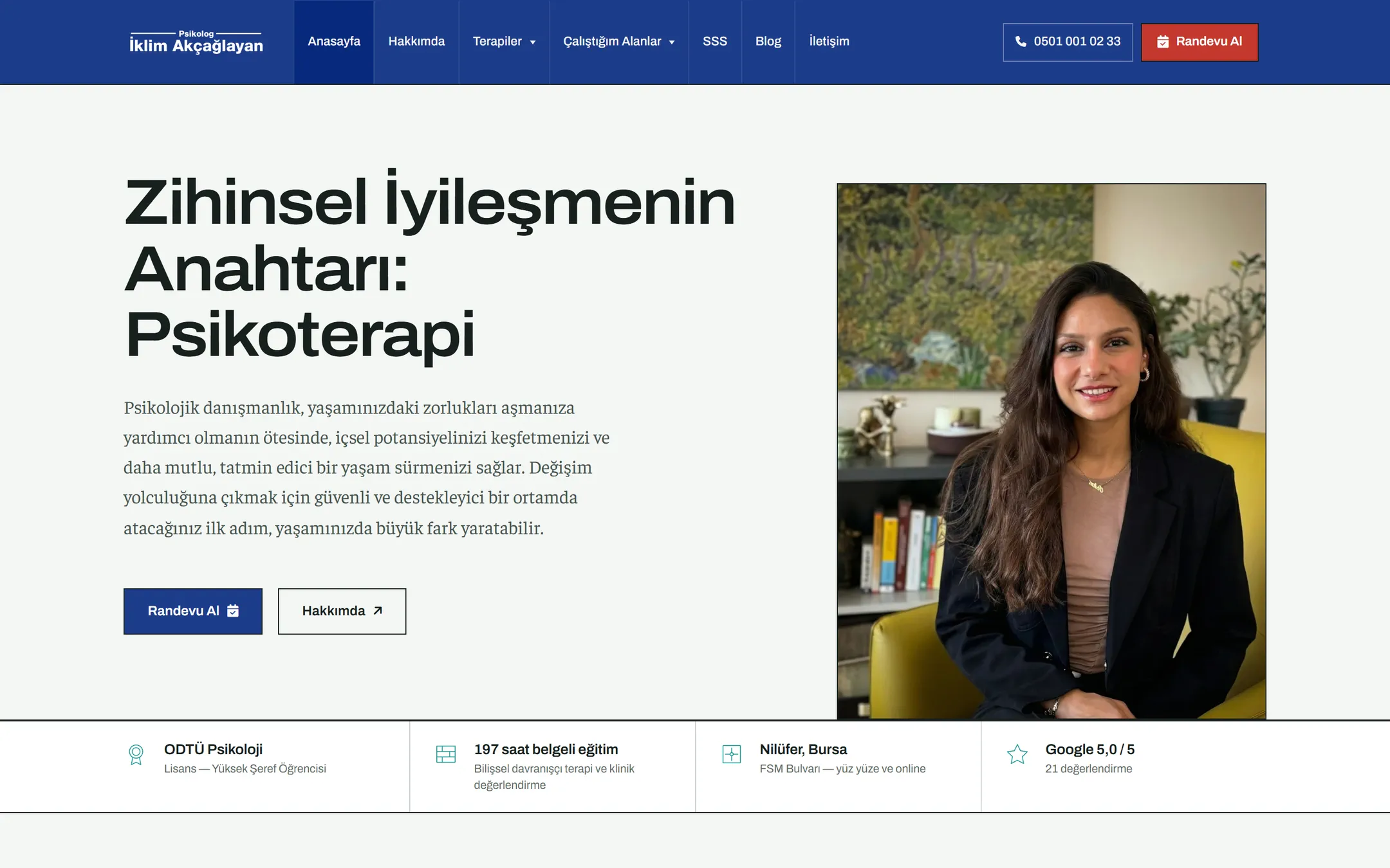 Homepage: headline, real portrait and trust strip