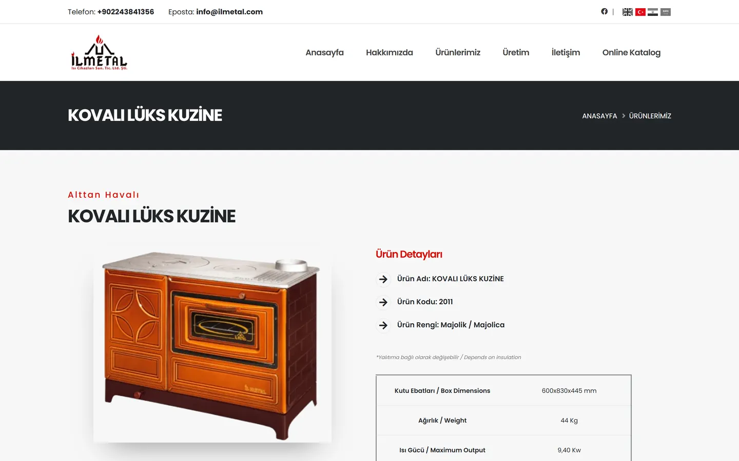 Product page: product details and a bilingual technical table