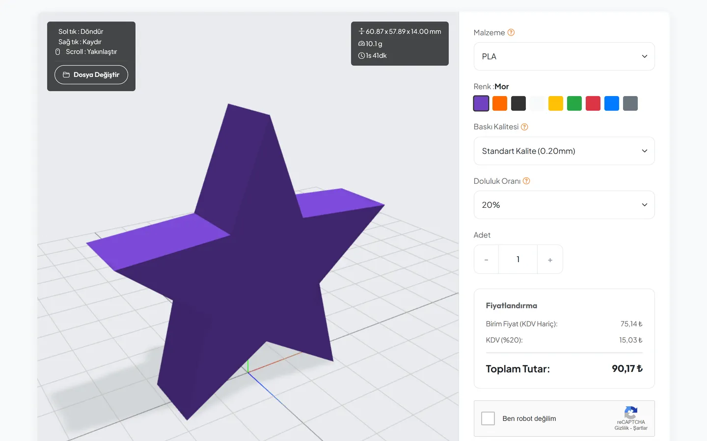 3D-print quote calculator: STL model, dimensions, material options and total price