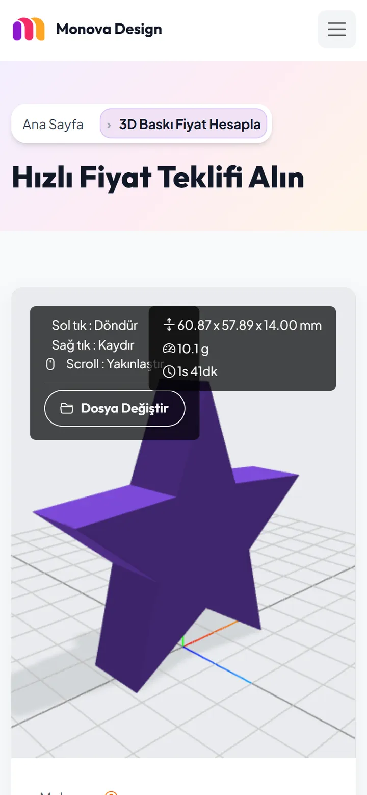Mobile quote calculator: a rotatable model with its dimensions