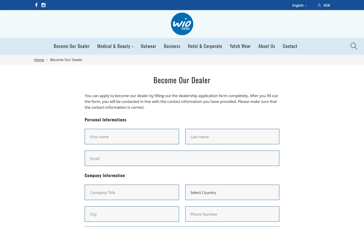Dealer application: personal and company details form