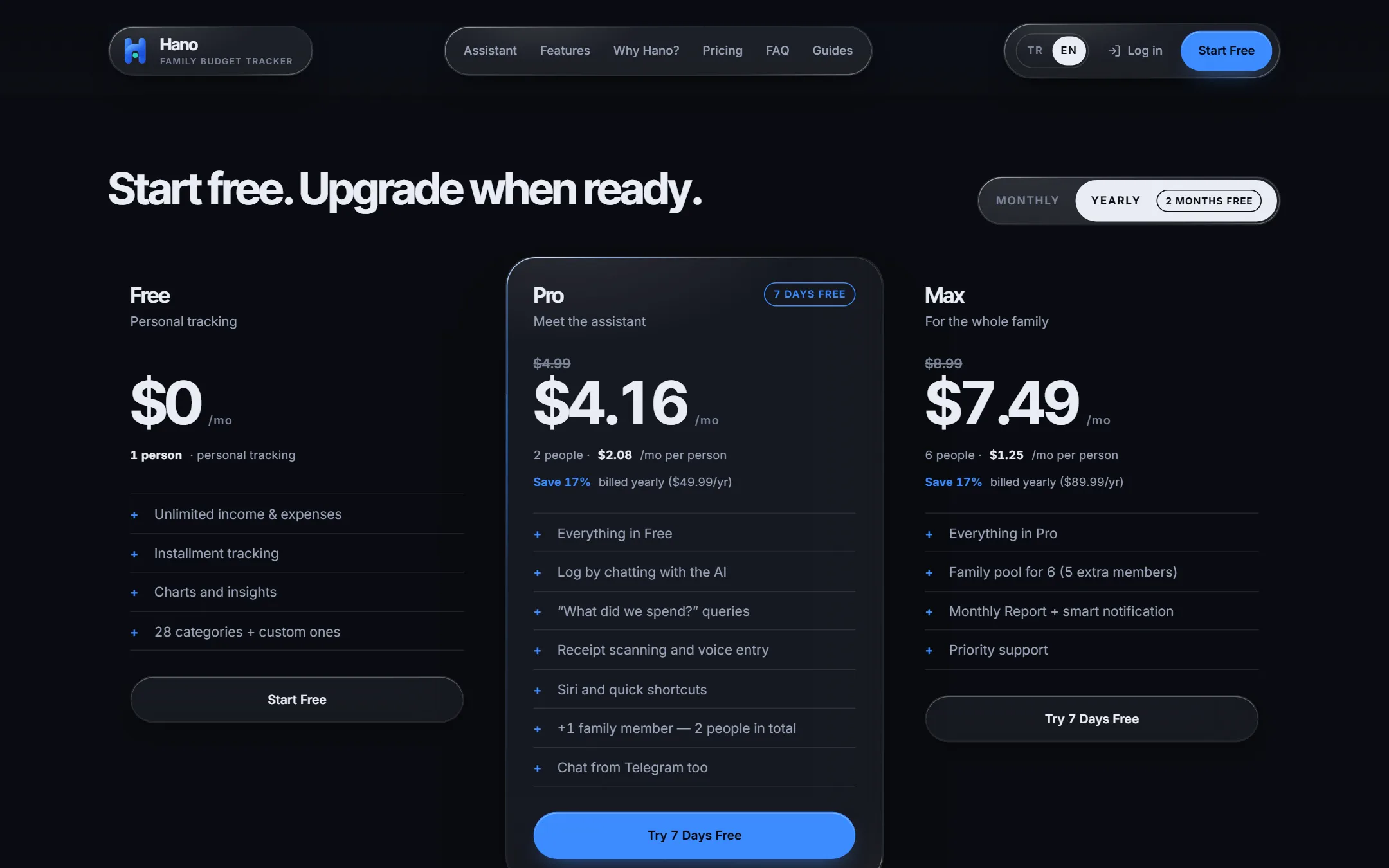 Pricing: three plans, a monthly/yearly switch and the per-person figure