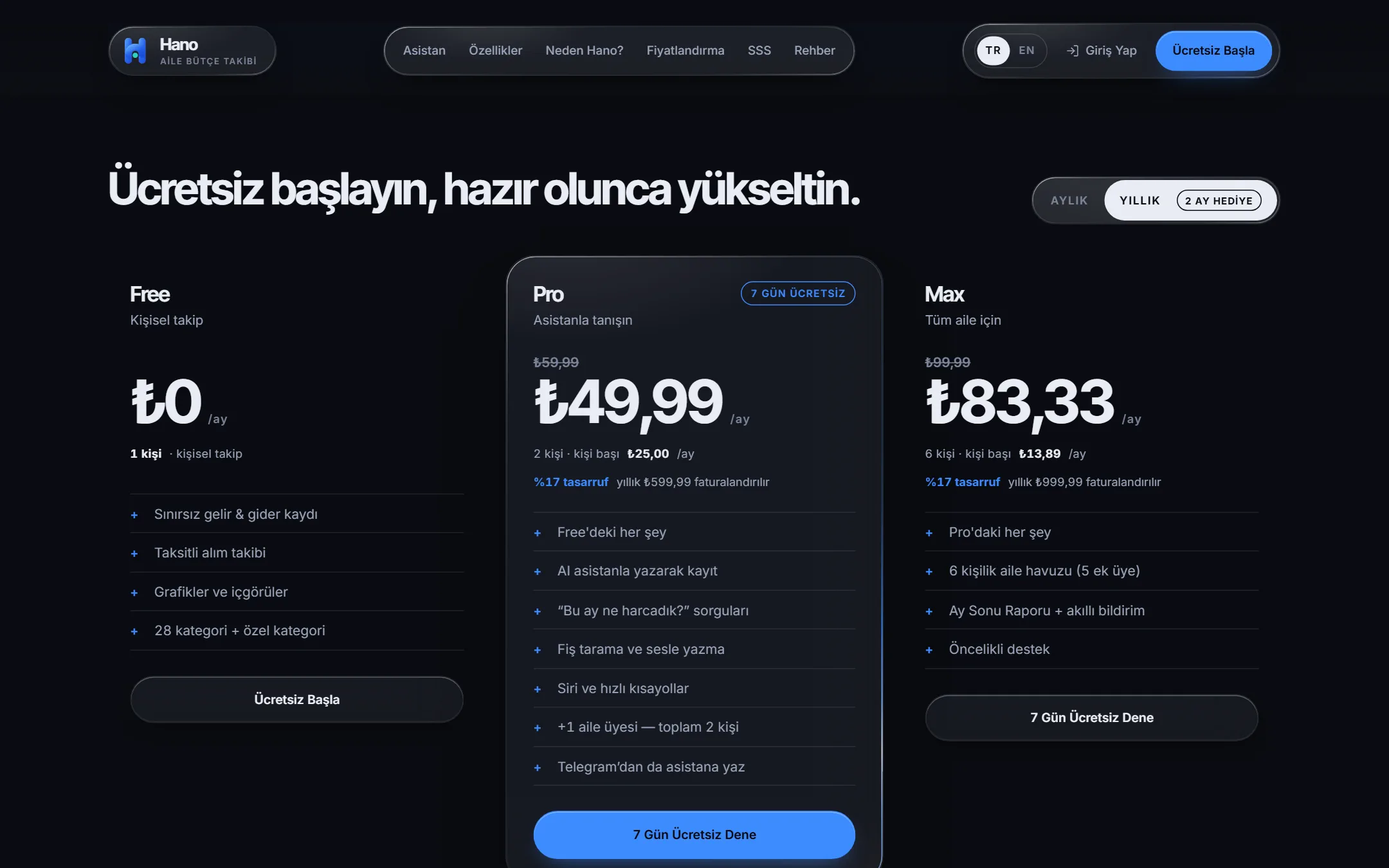 Fiyatlandırma: üç plan, aylık/yıllık anahtarı ve kişi başı tutar