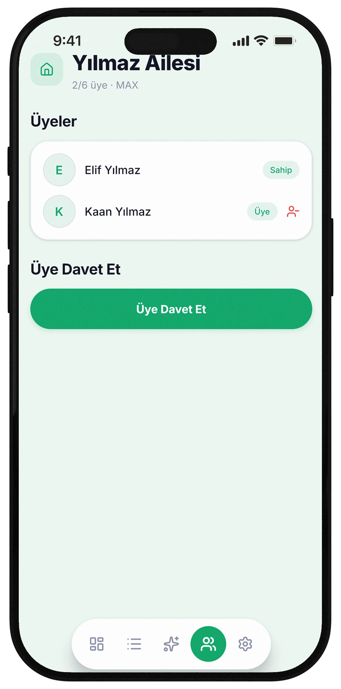 Hano hane ekranı: ortak bütçe havuzu ve aile üyeleri