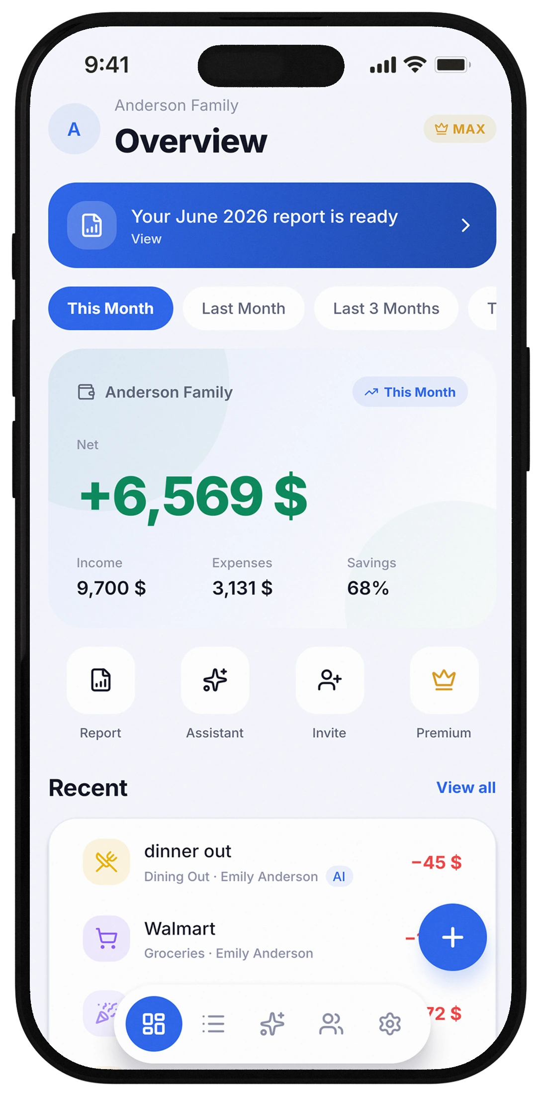 Hano overview screen: net balance, income, expenses and savings rate